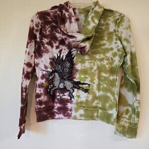 Brown/Olive/White Green Tie Dye Unicorn Hoodie LS Small